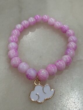 Pink Beaded Stretch Bracelet with White Cloud Charm